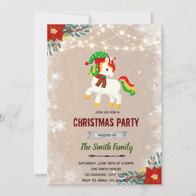 Invitation à la licorne de Noël (Devant)