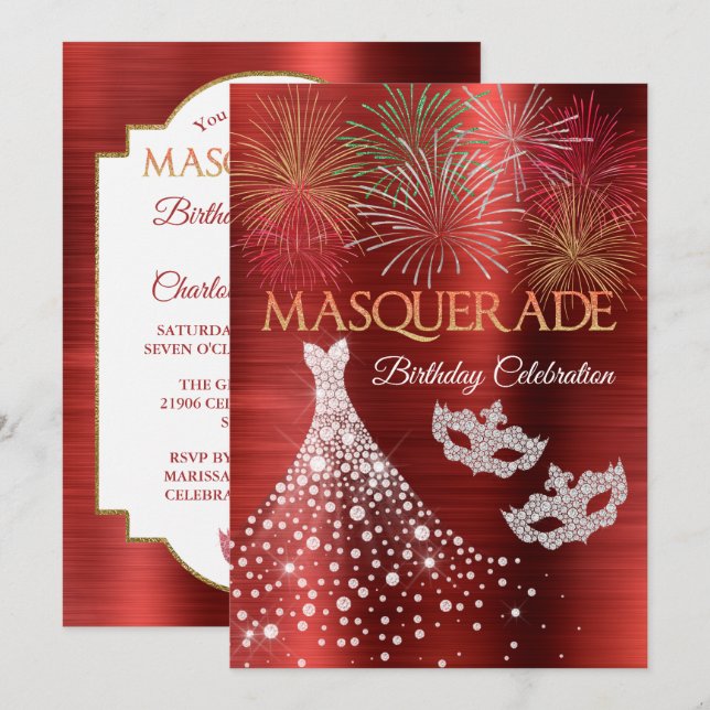 Invitation à la mascarade Diamond Red Glam (Devant / Derrière)