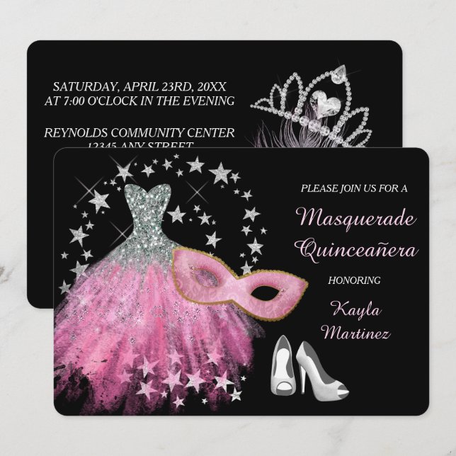 Invitation à la mascarade rose vif Quinceanera (Devant / Derrière)