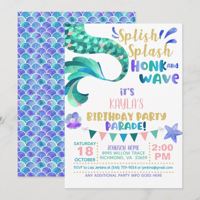 Invitation à la parade d'anniversaire de Mermaid (Devant / Derrière)