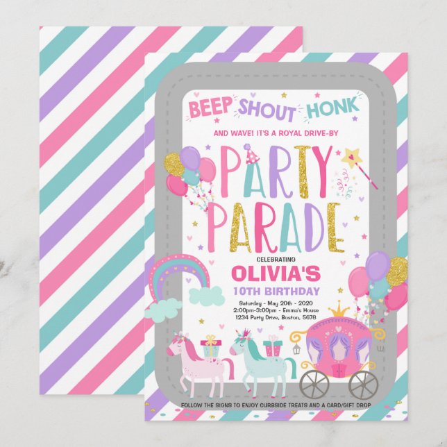 Invitation à la parade d'anniversaire Pink Princes (Devant / Derrière)