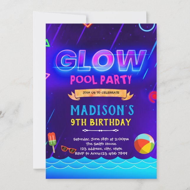 Invitation à la piscine à lueur de Neon (Devant)