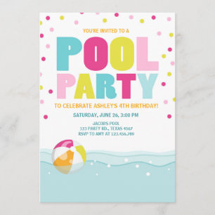 Invitation à la piscine Anniversaire Fille rose Ja