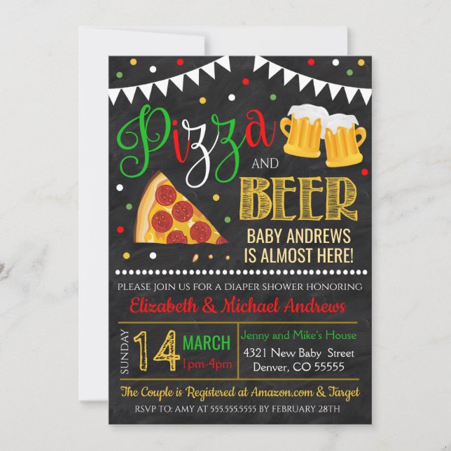 Invitation à la pizza et au Baby shower de la bièr (Devant)