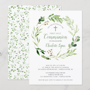 Invitation à la première communion à feuilles vert