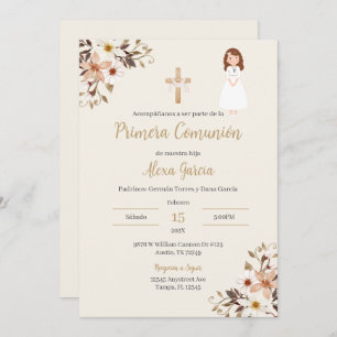 Invitation à la première communion beige florale