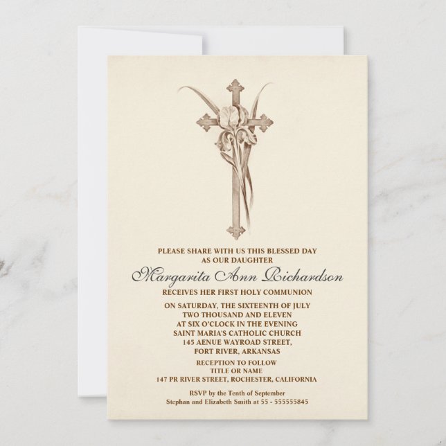 Invitation à la première communion - Croix élégant (Devant)