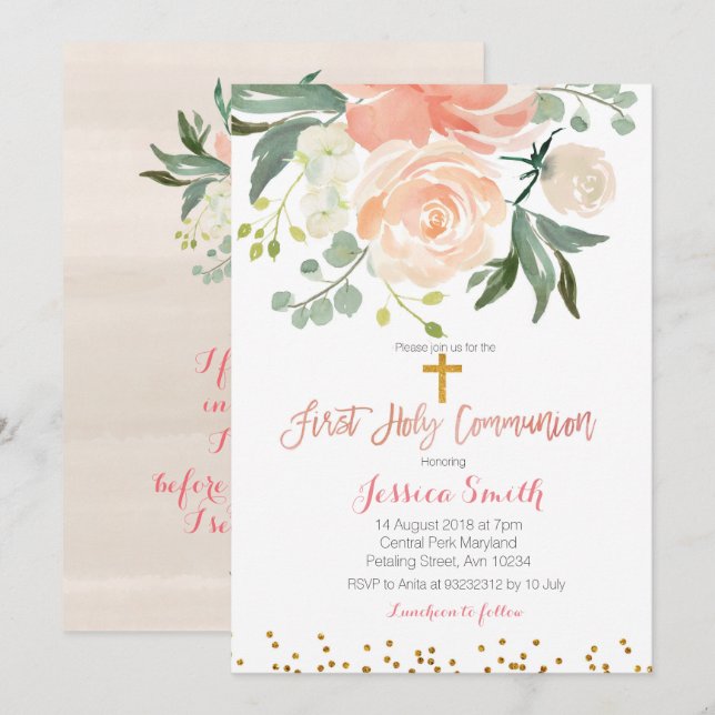 Invitation à la première communion de pêche floral (Devant / Derrière)