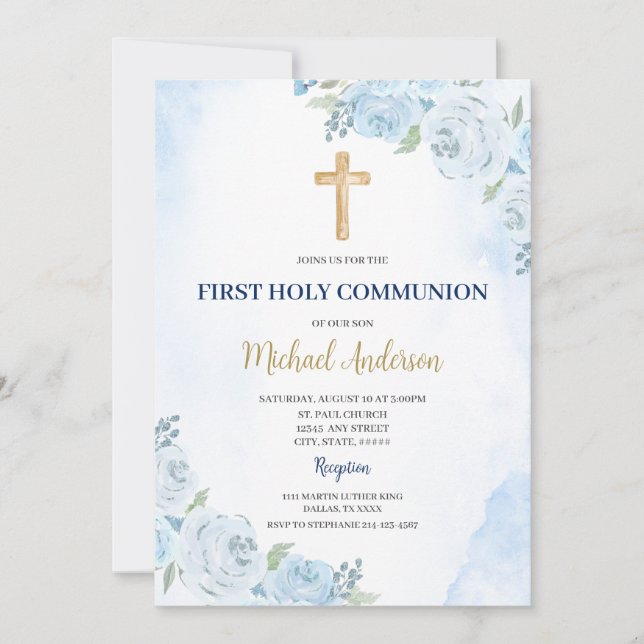 Invitation à la première communion florale bleue (Devant)