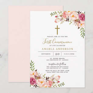 Invitation à la première communion rose florale