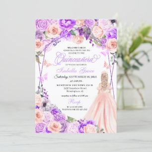 Invitation à la Quinceanera florale rose et violet