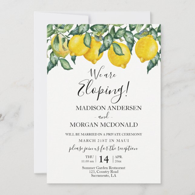 Invitation à la réception du Lemons Elopement (Devant)