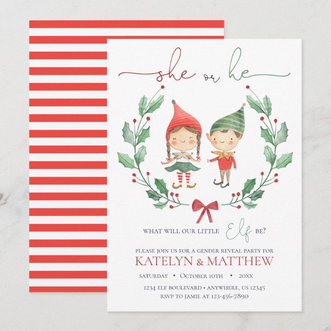 Invitation à la révélation de genre Elf Noël (Devant / Derrière)