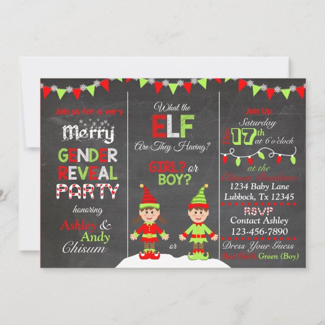 Invitation à la révélation de genre Elf Noël (Devant)
