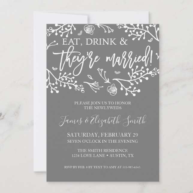 Invitation à la soirée d'après-mariage Fleurs gris (Devant)