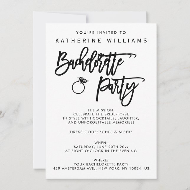 Invitation à la soirée de bachelorette blanche et  (Devant)
