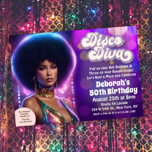 Invitation à la soirée Disco Diva des années 70