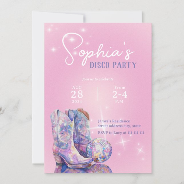 Invitation à la soirée Disco Rose moderne pour cow (Devant)