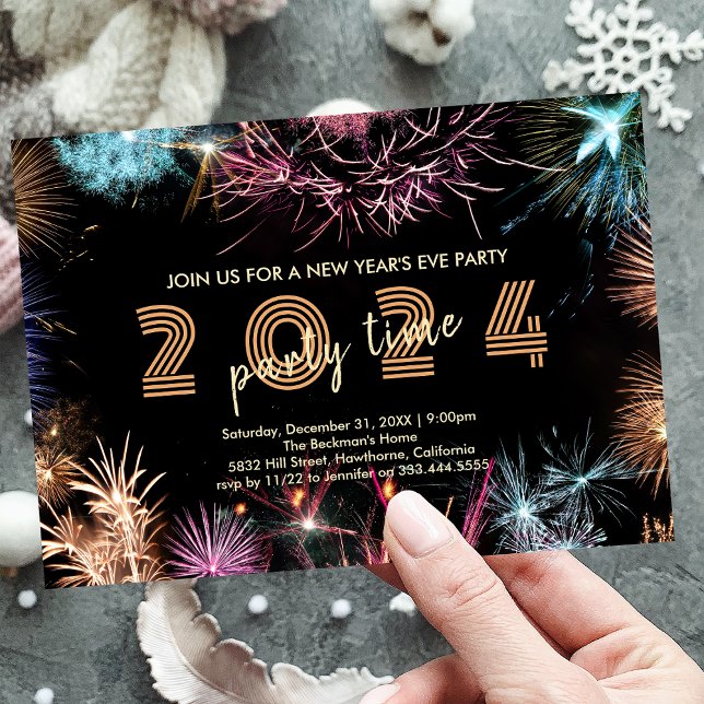 Invitation à la soirée du Nouvel An Feu d'Artifice (2024 Gold Fireworks New Year's Eve Party Invitation)