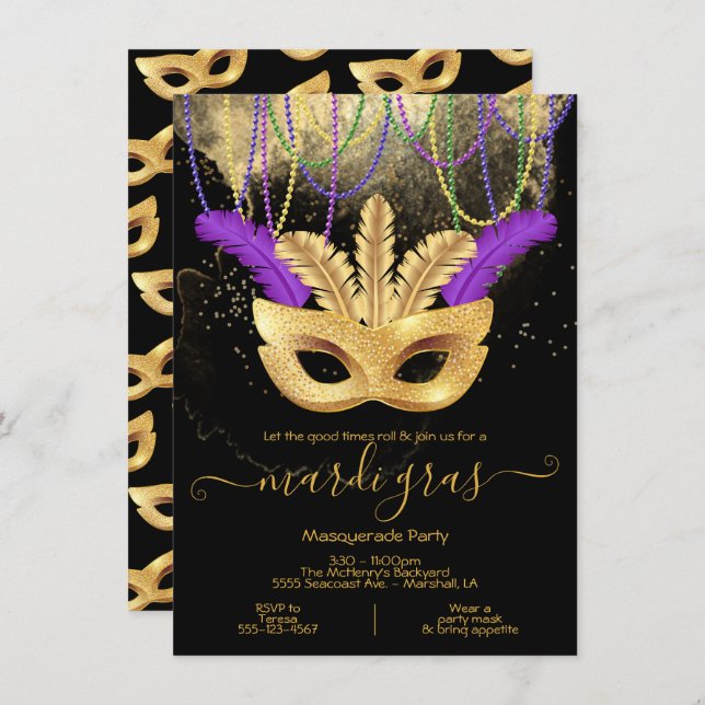 Invitation à la soirée masquée de Mardi Gras en or (Devant / Derrière)