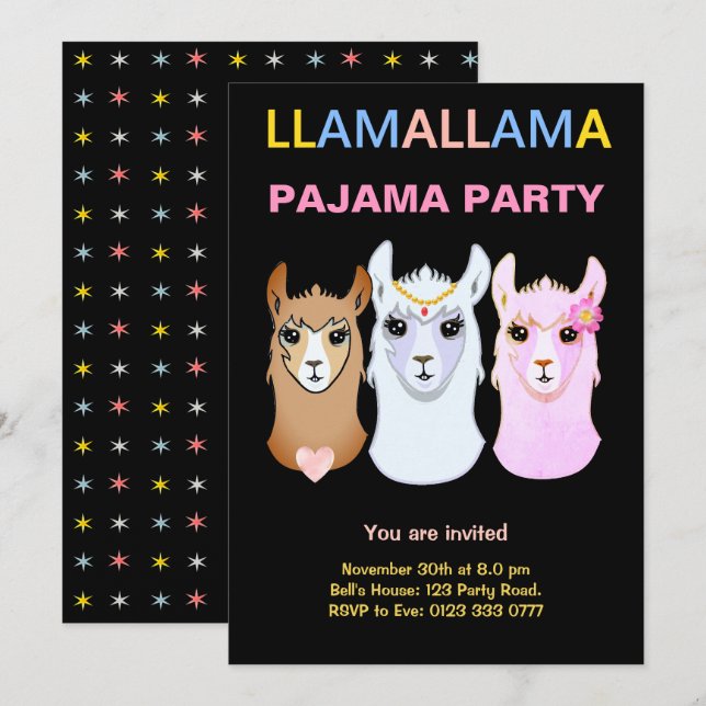 Invitation à la soirée Pyjama Llama (Devant / Derrière)