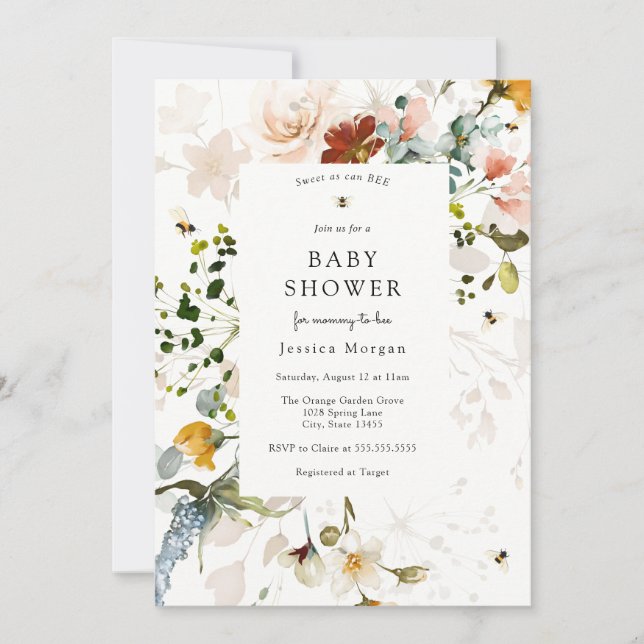 Invitation à l'abeille et au Baby shower floral Vi (Devant)