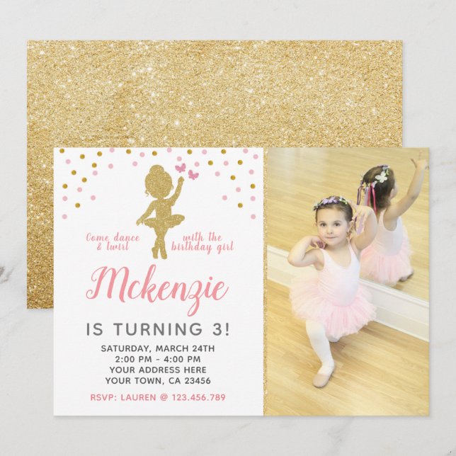 Invitation à l'anniversaire de Ballerina avec phot (Devant / Derrière)