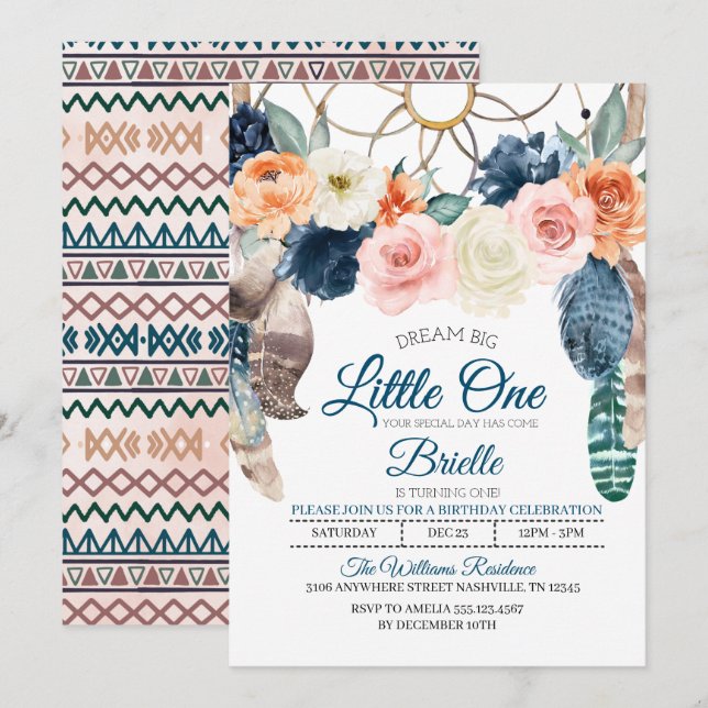 Invitation à l'anniversaire de Boho Dreamcatcher L (Devant / Derrière)