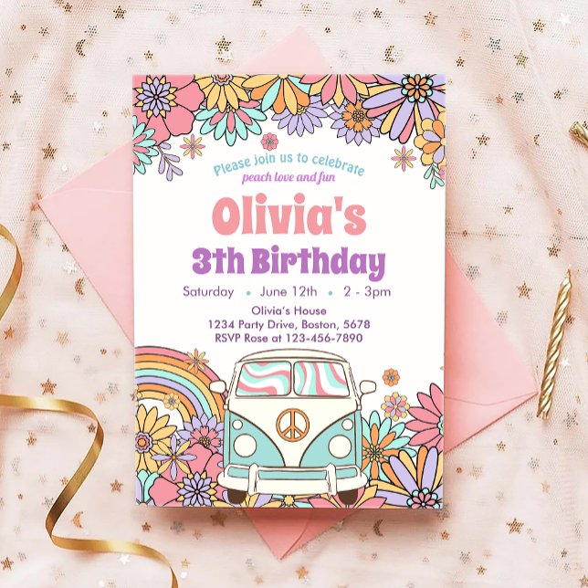 Invitation à l'anniversaire de Boho Retro Fleur su (Créateur téléchargé)