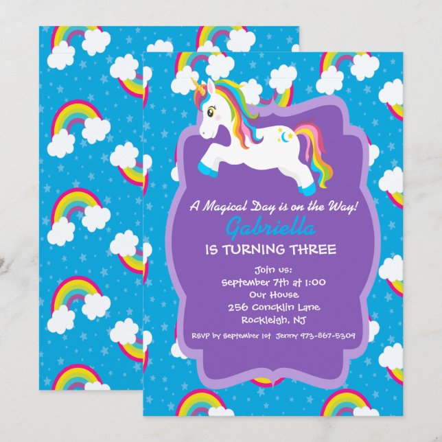 Invitation à l'anniversaire de Bright Rainbow Unic (Devant / Derrière)