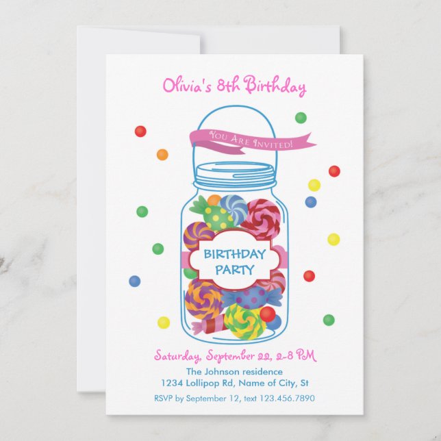 Invitation à l'anniversaire de Candy Mason Jar (Devant)