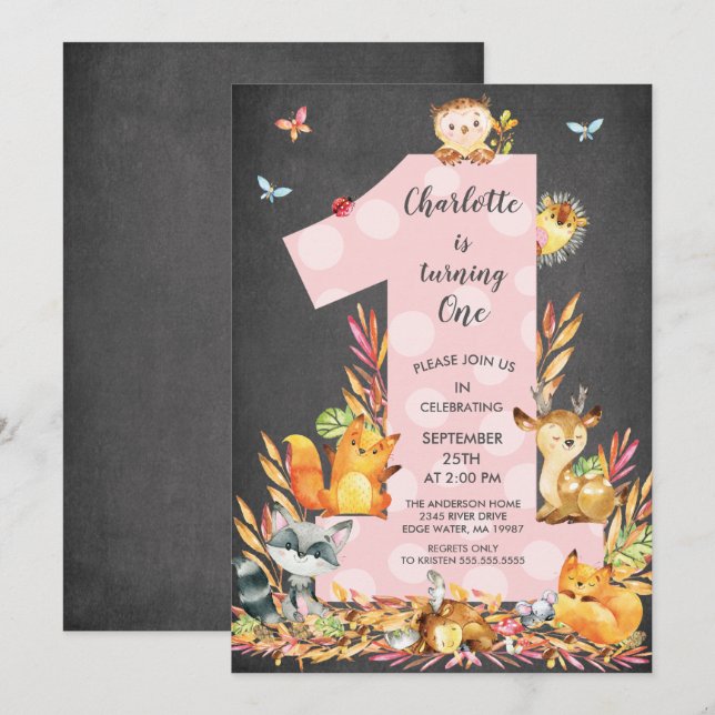 Invitation à l'anniversaire de Chalkboard Woodland (Devant / Derrière)