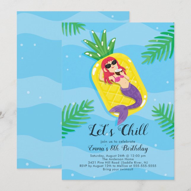 Invitation à l'anniversaire de Chill Mermaid (Devant / Derrière)