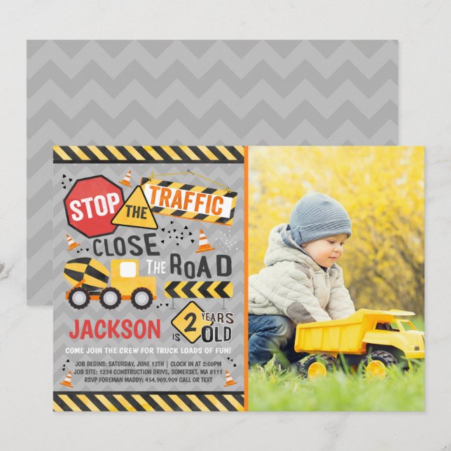 Invitation à l'anniversaire de construction Truck  (Devant / Derrière)