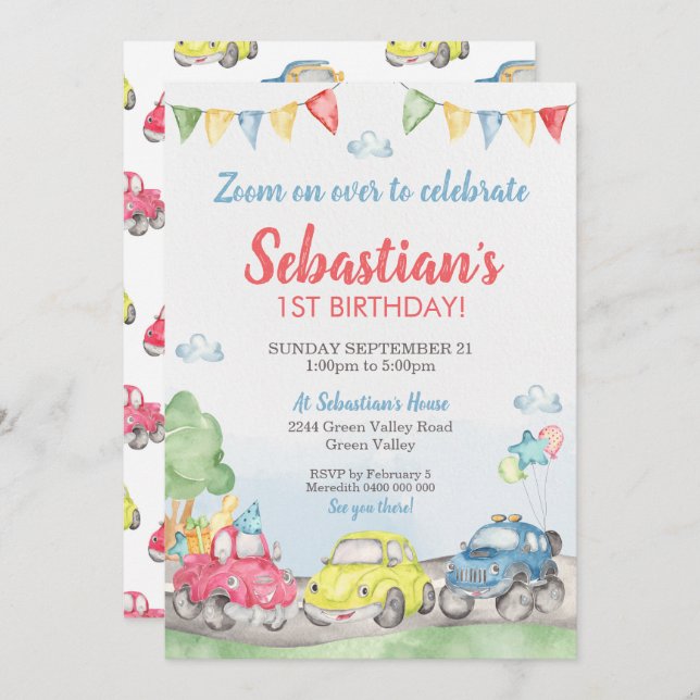 Invitation à l'anniversaire de Cute Cars (Devant / Derrière)