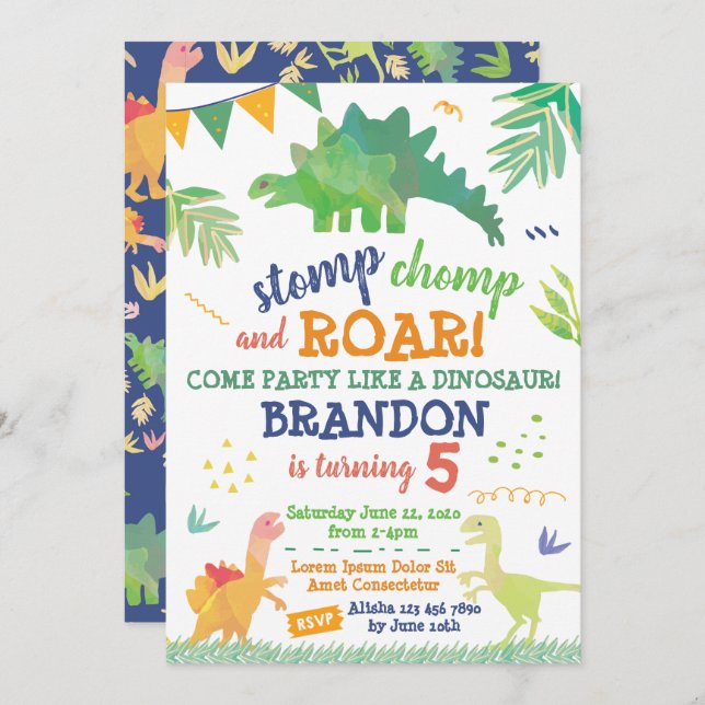 Invitation à l'anniversaire de Cute Dinosaur (Devant / Derrière)