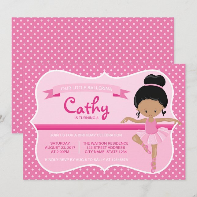 Invitation à l'anniversaire de Dark Pink Ballerina (Devant / Derrière)