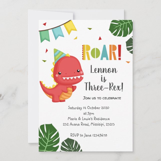 Invitation à l'anniversaire de Dinosaure à trois r (Devant)