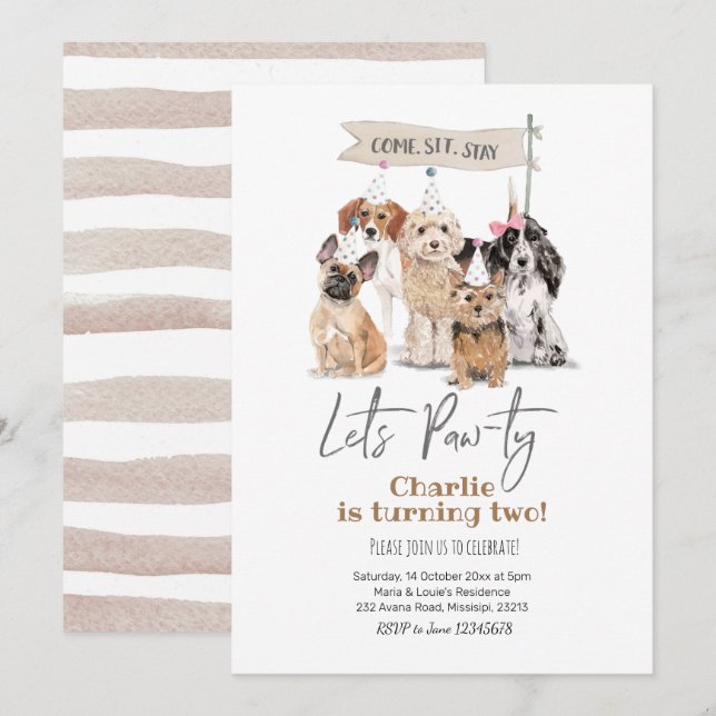 Invitation à l'anniversaire de Dog Let's Pawty (Devant / Derrière)