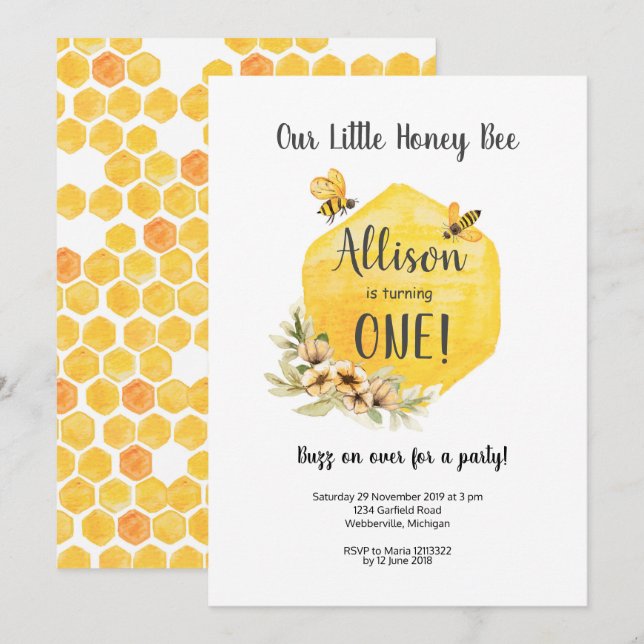 Invitation à l'anniversaire de Floral Bee (Devant / Derrière)