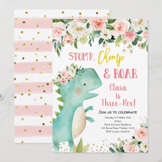 Invitation à l'anniversaire de Girl Pink Dinosaur  (Devant / Derrière)
