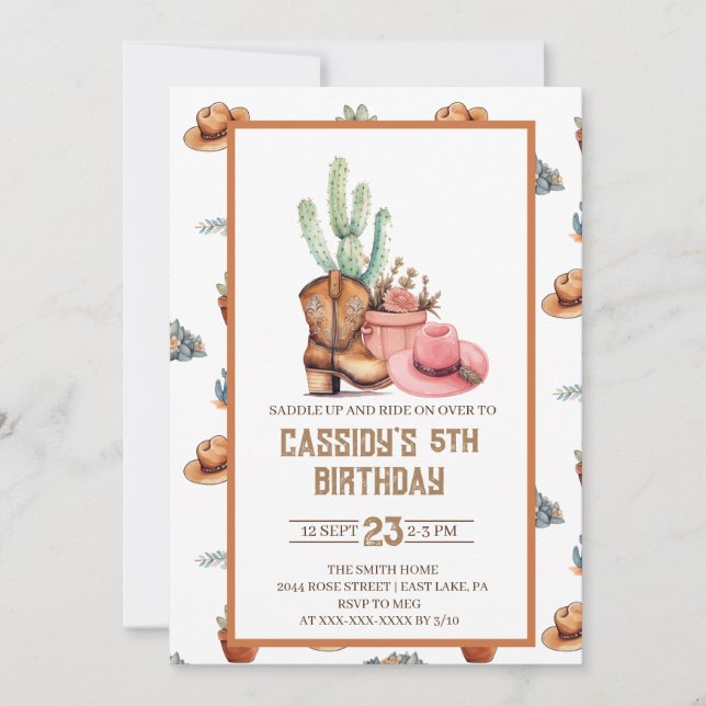 Invitation à l'anniversaire de la Cowgirl Wildwest (Devant)