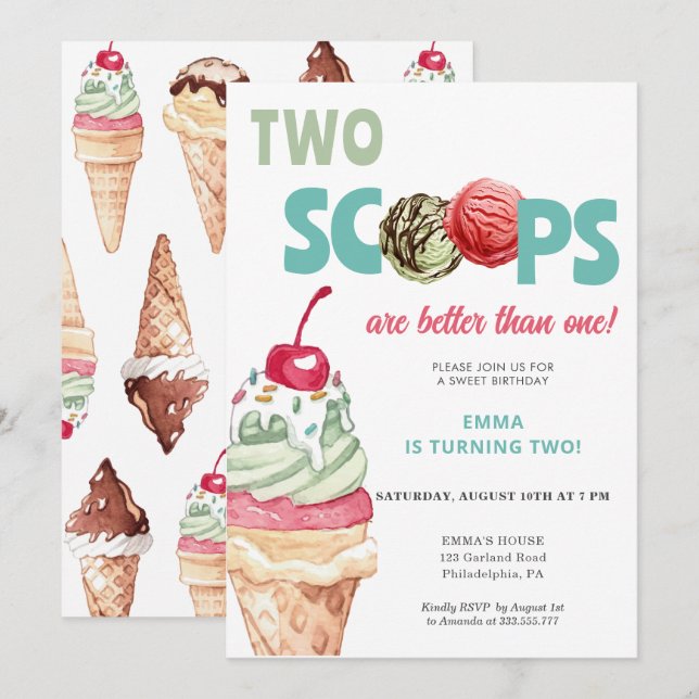 Invitation à l'anniversaire de la crème glacée Deu (Devant / Derrière)