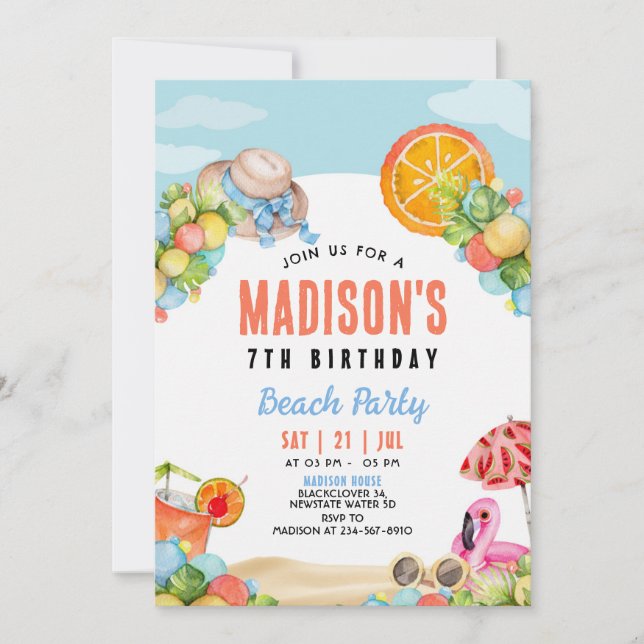 Invitation à l'anniversaire de la fête de plage (Devant)