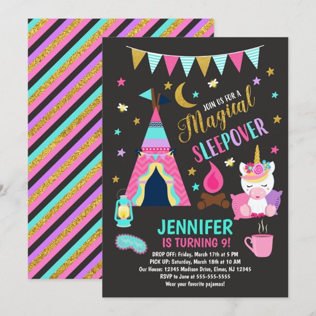 Invitation à l'anniversaire de la fête de Sleepove (Devant / Derrière)