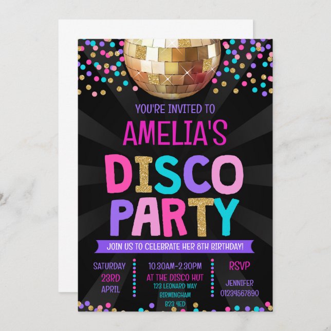 Invitation à l'anniversaire de la fête Disco (Devant / Derrière)