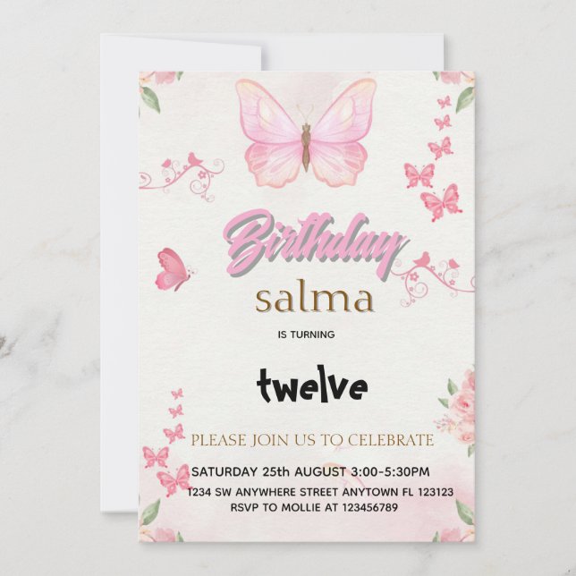 Invitation à l'anniversaire de la fille papillon r (Devant)