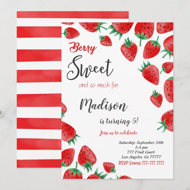 Invitation à l'anniversaire de la fraise rouge (Devant / Derrière)