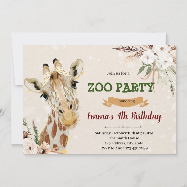 Invitation à l'anniversaire de la girafe de Boho (Devant)