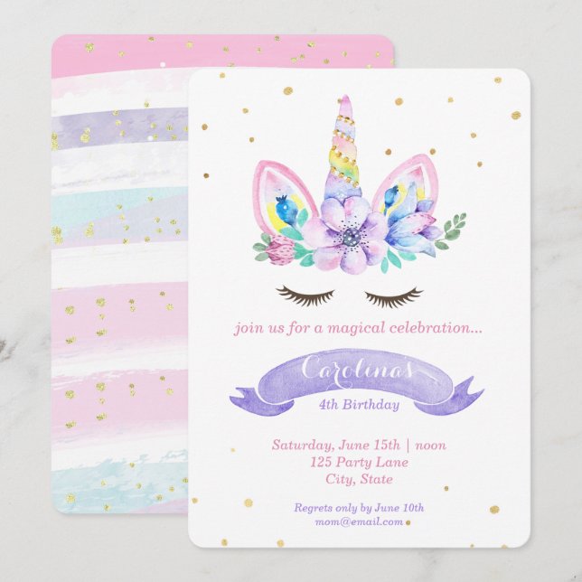 Invitation à l'anniversaire de la licorne - Aquare (Devant / Derrière)